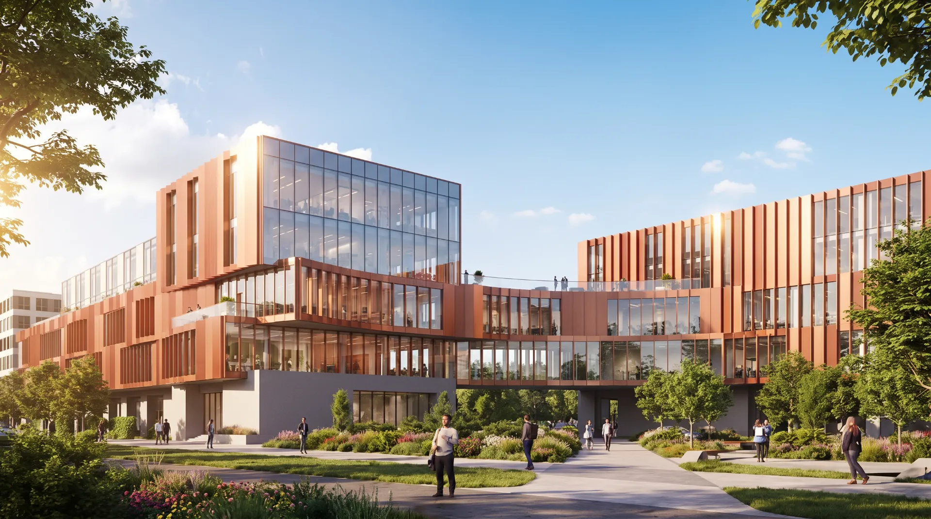Contemporary multi‑level building with orange vertical panels, large glass windows and landscaped outdoor pathways.