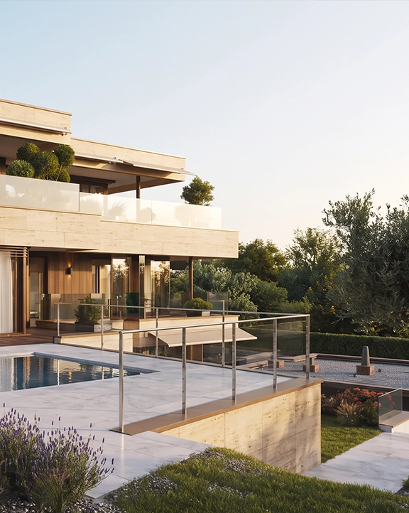 Contemporary house with glass railings, stone walls, wooden deck and Mediterranean garden with lavender and olive trees.