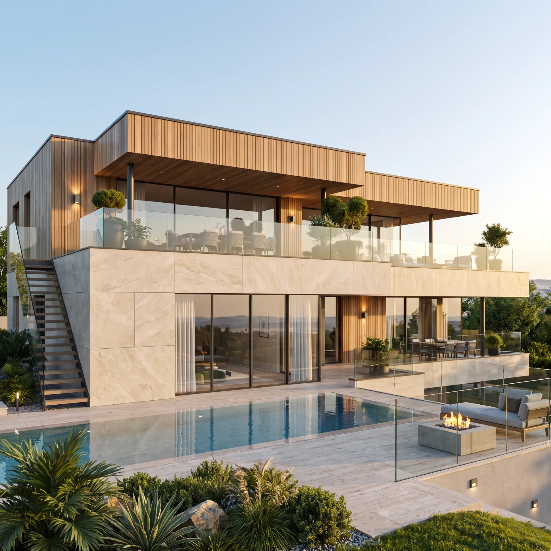 Modern luxury house with wood paneling, terrace seating, marble façade and illuminated pool at sunset.