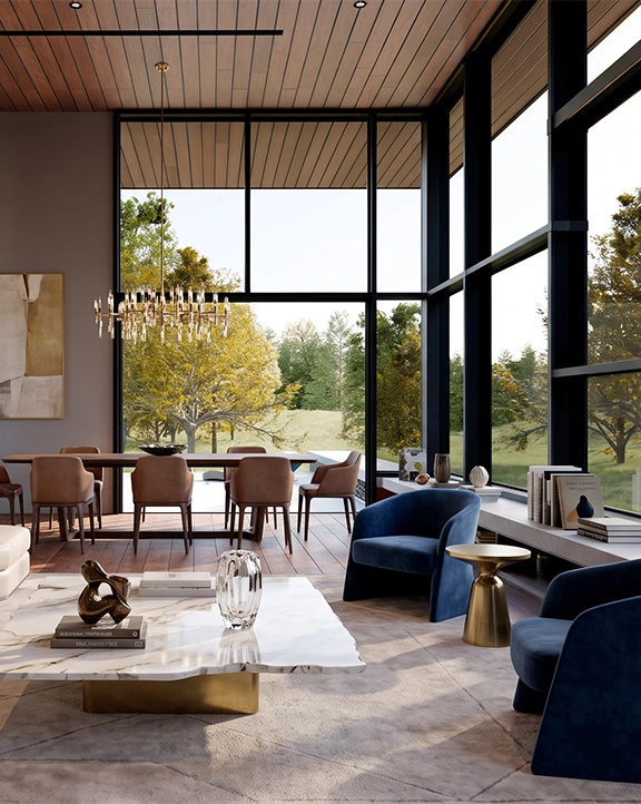 Luxury living and dining room with floor‑to‑ceiling windows, beige sofa, marble table and wooden ceiling.