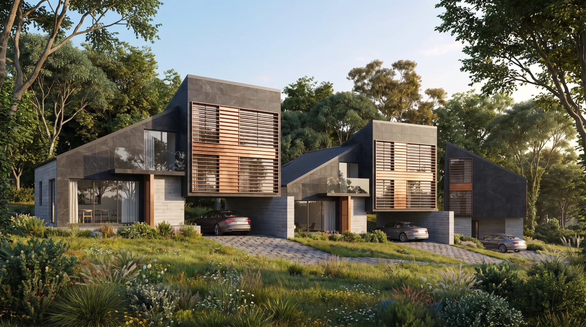 Two modern houses with angular roofs, large glass windows and wooden sunshades surrounded by dense greenery.